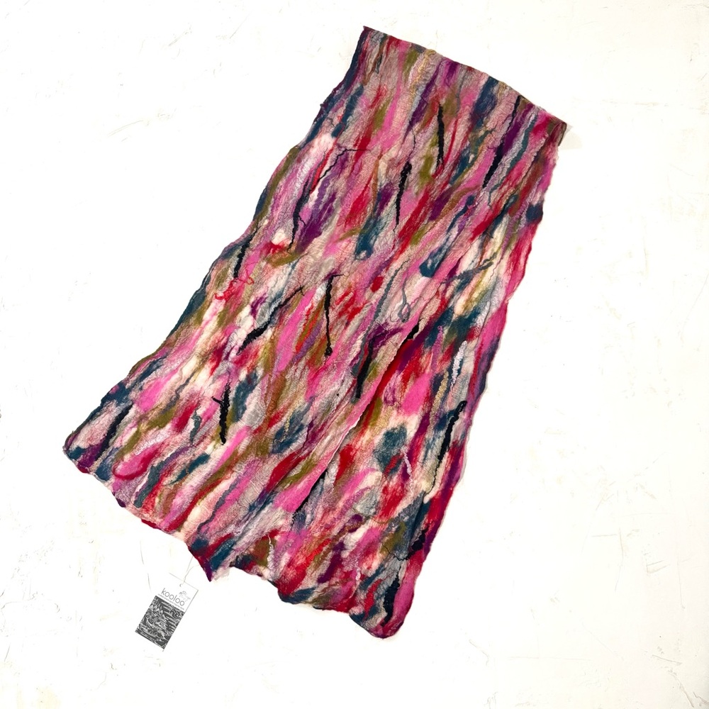 KOOLOO Artisan Felted Merino Wool Silk Scarf –Red Multi (67” x 12”)- NWT